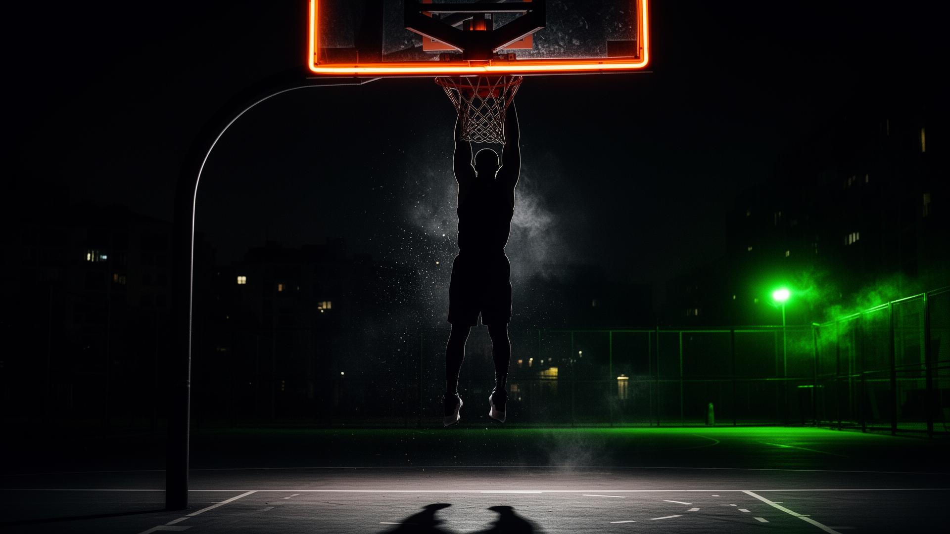 Basketball player dunking on a neon-lit night court