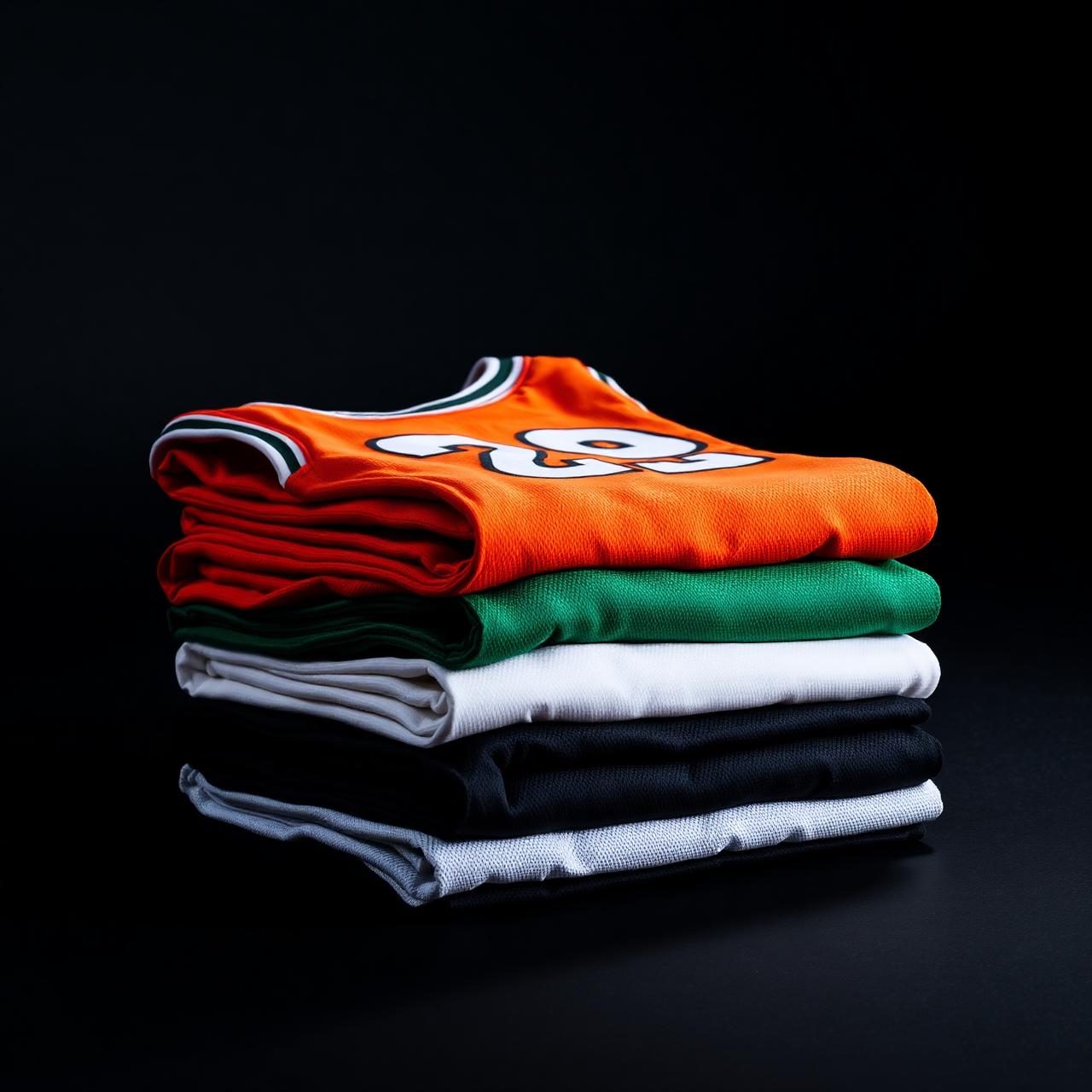 Stack of numbered colored basketball jerseys